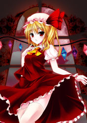 Rule 34 | 1girl, :o, absurdres, blonde hair, female focus, flandre scarlet, hand on own chest, hat, highres, moon, ponytail, red eyes, red moon, ribbon, short hair, side ponytail, solo, thighhighs, touhou, utakata (kochou no yume), window, wings, zettai ryouiki