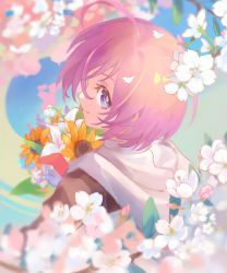 Rule 34 | 1girl, ahoge, bouquet, brown jacket, cherry blossoms, closed mouth, commentary, fate/grand order, fate (series), flower, from behind, holding, holding bouquet, hood, hood down, hooded jacket, jacket, light purple hair, looking at viewer, mash kyrielight, multicolored clothes, multicolored jacket, petals, pink flower, purple eyes, short hair, smile, solo, sunflower, two-tone jacket, upper body, vogel, white flower, white jacket, yellow flower