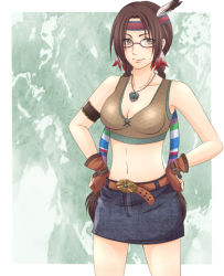 Rule 34 | 1girl, armband, bad id, bad pixiv id, bare shoulders, belt, brown eyes, brown hair, crop top, denim, denim skirt, earrings, faye (yuiko055), feathers, fingerless gloves, glasses, gloves, hands on own hips, headband, jewelry, julia chang, midriff, namco, native american, navel, necklace, pencil skirt, skirt, solo, tekken, tekken 3, tekken 4, tekken 5 (dark resurrection), tekken tag tournament 2, twintails