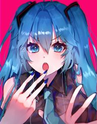 Rule 34 | 1girl, absurdres, black shirt, black sleeves, blue eyes, blue hair, blue nails, blue necktie, blush, breasts, chestnut mouth, commentary request, detached sleeves, hair between eyes, hair intakes, hair ornament, hatsune miku, highres, looking at viewer, medium breasts, nadhia 14, nail polish, necktie, open mouth, portrait, red background, shirt, simple background, sleeveless, sleeveless shirt, solo focus, teeth, twintails, upper teeth only, vocaloid