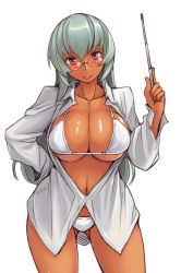 Rule 34 | 1girl, bikini, blush, breasts, cleavage, contrapposto, dress shirt, glasses, hand on own hip, head tilt, large breasts, long hair, looking at viewer, open clothes, open shirt, pointer, red eyes, rozen maiden, shiny skin, shirt, silver hair, smile, solo, standing, suigintou, swimsuit, tan, tsuda nanafushi, white bikini