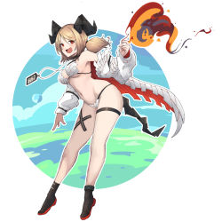 Rule 34 | 1girl, alternate breast size, ankleband, arknights, black footwear, blonde hair, bra, breasts, commentary, demon girl, demon horns, demon tail, dmt (auburn), fire, full body, highres, horns, id card, ifrit (arknights), infection monitor (arknights), jacket, large breasts, looking at viewer, medium hair, midriff, navel, off shoulder, open mouth, originium arts (arknights), panties, red eyes, short twintails, solo, tail, thigh strap, twintails, underwear, white bra, white jacket, white panties