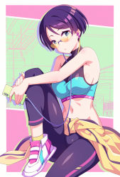 Rule 34 | 1girl, bare shoulders, blue eyes, blue sports bra, breasts, bright pupils, cellphone, closed mouth, clothes around waist, earphones, highres, holding, holding phone, impossible clothes, jacket, jacket around waist, knee up, leggings, looking at viewer, looking over eyewear, looking over glasses, medium breasts, mmrailgun, navel, original, phone, purple hair, shoes, short hair, sitting, smartphone, sneakers, solo, sports bra, stomach, sunglasses, tinted eyewear, white footwear, yellow-tinted eyewear, yellow jacket