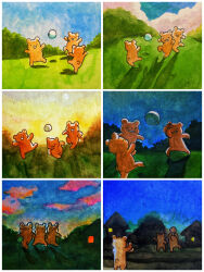 Rule 34 | absurdres, ball, bear, grass, highres, house, locked arms, night, night sky, playing games, sky, sunrise, sunset, tree