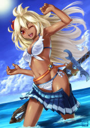 Rule 34 | 1girl, :d, absurdres, ahoge, bad id, bad pixiv id, belt, bikini, cloud, commentary request, dark-skinned female, dark skin, day, flower, front-tie bikini top, front-tie top, granblue fantasy, hair flower, hair ornament, highres, long hair, michitarou, navel, ocean, one eye closed, open mouth, partially submerged, pleated skirt, red eyes, scabbard, sheath, sheathed, side-tie bikini bottom, skirt, smile, solo, standing, sun, swimsuit, sword, wading, weapon, white bikini, white hair, zooey (granblue fantasy), zooey (summer) (granblue fantasy)