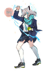 Rule 34 | animal ear fluff, animal ears, black skirt, blue archive, blue halo, blue jacket, blue necktie, blue scarf, commentary, cross hair ornament, electric wind god fist, electricity, english text, eri (erikiri), extra ears, gloves, hair ornament, halo, highres, jacket, necktie, pleated skirt, punching, scarf, shiroko (blue archive), shirt, simple background, skirt, socks, tekken, white background, white shirt, white socks, wolf ears, yellow gloves