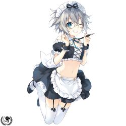 Rule 34 | 1girl, absurdres, blue eyes, breasts, date a live, dress, glasses, highres, holding, holding pen, honjou nia, jumping, looking at viewer, maid, pen, short hair, silver hair, small breasts, smile, stomach, thighhighs, tsunako
