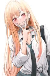 Rule 34 | 1girl, absurdres, black choker, black necktie, blonde hair, blush, choker, clenched teeth, collarbone, ear piercing, earrings, fingernails, highres, jewelry, kitagawa marin, long hair, long sleeves, looking at viewer, mask, mouth mask, nail polish, necktie, piercing, red eyes, red nails, sexually suggestive, shirt, simple background, smile, solo, sono bisque doll wa koi wo suru, teeth, tied shirt, v, white background, white shirt, yonic symbol, yuki (asayuki101)