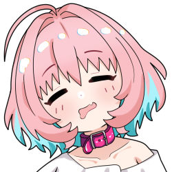Rule 34 | 1girl, absurdres, ahoge, blue hair, closed eyes, collar, collarbone, commentary, dot nose, drooling, fang, hair intakes, highres, idolmaster, idolmaster cinderella girls, mitche, multicolored hair, open mouth, pink hair, shirt, short hair, simple background, single bare shoulder, skin fang, solo, two-tone hair, upper body, white background, white shirt, yumemi riamu
