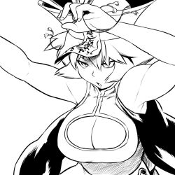 Rule 34 | 1girl, breasts, capcom, chinese clothes, cleavage, cleavage cutout, clothing cutout, fighting stance, greyscale, hat, huge breasts, jiangshi, lei lei, monochrome, ofuda, qingdai guanmao, sash, short hair, simple background, sleeveless, solo, toned, tsukudani (coke-buta), vampire (game)