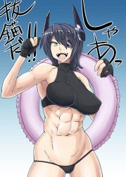 Rule 34 | 10s, 1girl, abs, black hair, breasts, covered erect nipples, eyepatch, fingerless gloves, gloves, kantai collection, kurenai yuuji, large breasts, muscular, one-eyed, open mouth, short hair, solo, swimsuit, tenryuu (kancolle), toned, yellow eyes