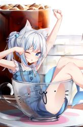 Rule 34 | 1girl, animal ear fluff, animal ears, arm up, beliatan, blue dress, blue eyes, blue hair, blush, cat ears, commentary, cup, dress, feet out of frame, fins, fish tail, gawr gura, gawr gura (casual), highres, hololive, hololive english, in container, in cup, looking at viewer, multicolored hair, nail polish, official alternate costume, one eye closed, rubbing eyes, shark tail, side ponytail, solo, streaked hair, tail, triangle mouth, virtual youtuber, white hair