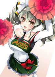 Rule 34 | 1girl, abenattou, alternate costume, anchovy (girls und panzer), arm up, bow, cheerleader, clothes writing, commentary, covered navel, cowboy shot, drill hair, english text, frilled skirt, frills, girls und panzer, green hair, green shirt, green skirt, hair bobbles, hair ornament, holding, light particles, long hair, long sleeves, looking at viewer, miniskirt, off-shoulder shirt, off shoulder, open mouth, pom pom (cheerleading), red eyes, shirt, skirt, smile, solo, standing, twin drills, twintails, white bow
