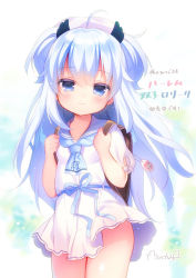 Rule 34 | 1girl, ahoge, backpack, bag, bag charm, blue eyes, blue hair, blue ribbon, blush, charm (object), closed mouth, commentary request, cowboy shot, dress, hair between eyes, holding, long hair, looking at viewer, original, piyodera mucha, puffy short sleeves, puffy sleeves, ribbon, sailor dress, short dress, short sleeves, signature, smile, solo, two side up, very long hair
