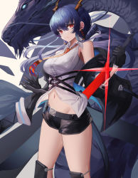Rule 34 | 1girl, absurdres, arknights, bad id, bad pixiv id, bare shoulders, black gloves, black jacket, black shorts, blue hair, breasts, ch&#039;en (arknights), chi xiao (arknights), commentary request, cowboy shot, dragon, dragon horns, eastern dragon, gloves, groin, hair between eyes, highres, holding, holding sword, holding weapon, horns, jacket, large breasts, long hair, looking at viewer, mea (hwaksal), navel, necktie, off shoulder, open clothes, open jacket, red eyes, shirt, short shorts, shorts, sleeveless, sleeveless shirt, solo, standing, stomach, sword, thighs, weapon, white shirt, yellow necktie