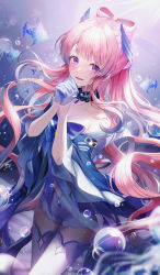 Rule 34 | 1girl, :d, absurdres, air bubble, blue dress, breasts, bubble, cleavage, collarbone, detached collar, detached sleeves, dress, fish, genshin impact, gloves, hair ornament, half gloves, highres, iro (iro 252 ), long hair, looking at viewer, medium breasts, open mouth, own hands clasped, own hands together, pink hair, ponytail, purple eyes, purple hair, sangonomiya kokomi, sleeveless, sleeveless dress, smile, solo, sunlight, thighhighs, underwater, white gloves, white thighhighs, wide sleeves