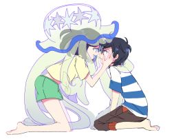 Rule 34 | 1boy, 1girl, black hair, capri pants, creatures (company), elio (pokemon), from side, game freak, gen 7 pokemon, green shorts, hands on another&#039;s face, kneeling, nihilego, nintendo, open mouth, pants, pokemon, pokemon (creature), pokemon sm, selene (pokemon), shirt, short hair, short sleeves, shorts, simple background, sitting, striped clothes, striped shirt, tied shirt, ultra beast, white background, yoshiiiika