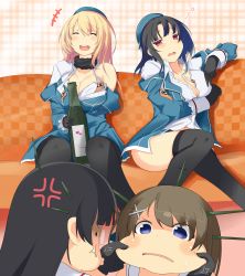 Rule 34 | 10s, 4girls, alcohol, anger vein, atago (kancolle), black gloves, black hair, blouse, blue headwear, blush, bottle, breasts, brown hair, choukai (kancolle), cleavage, closed eyes, drunk, face stretching, fur collar, glasses, gloves, hair between eyes, hat, highres, kantai collection, large breasts, maya (kancolle), multiple girls, off shoulder, open mouth, pantyhose, plaid, plaid background, purple eyes, red eyes, shirt, simple background, takao (kancolle), tenpesuto, thighhighs, white shirt