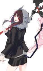 Rule 34 | 1girl, absurdres, animal ear headwear, aoinegima, asakura karen (heaven burns red), black shorts, brown hair, fake animal ears, heaven burns red, highres, holding, holding scythe, hood, hooded jacket, jacket, leaning back, long hair, long sleeves, looking at viewer, open mouth, red eyes, scythe, sharp teeth, short shorts, shorts, solo, tail, teeth, twintails, upper body, white background