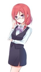 Rule 34 | 10s, 1girl, absurdres, adjusting eyewear, alternate hairstyle, bespectacled, bow, formal, glasses, hair over shoulder, hairstyle request, highres, karumayu, looking at viewer, love live!, love live! school idol festival, love live! school idol project, nishikino maki, pencil skirt, purple eyes, red hair, simple background, skirt, skirt suit, solo, suit, white background