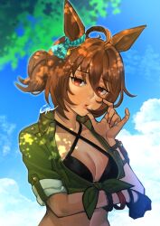 Rule 34 | 1girl, agnes tachyon (lunatic lab) (umamusume), agnes tachyon (umamusume), ahoge, animal ears, arm under breasts, bikini, black bikini, black gloves, blurry, blurry background, breasts, brown hair, cleavage, commentary request, cork, criss-cross halter, day, ear ornament, gaman, gloves, green jacket, hair between eyes, halterneck, hand up, highres, horse ears, jacket, looking at viewer, open mouth, outdoors, parted lips, red eyes, short hair, short ponytail, signature, single glove, small breasts, solo, swimsuit, test tube, tied jacket, umamusume, upper body, wristband