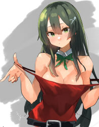 Rule 34 | 1girl, black hair, bow, bowtie, breasts, cleavage, dress, green bow, green bowtie, green eyes, grey hair, hair between eyes, hair ornament, hairclip, highres, kantai collection, long hair, looking at viewer, medium breasts, off shoulder, official alternate costume, oyashio (kancolle), red dress, simple background, solo, sunday aki, upper body, very long hair