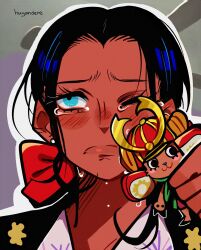 Rule 34 | 1boy, 1girl, :3, absurdres, artist name, blue eyes, blush, blush stickers, close-up, commentary, dark-skinned female, dark skin, english commentary, haori, hat, highres, holding, huyandere, japanese clothes, kimono, looking to the side, nico robin, one eye closed, one piece, ponytail, red ribbon, ribbon, sidelocks, tears, tony tony chopper