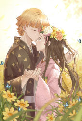 Rule 34 | 1boy, 1girl, agatsuma zenitsu, antweiyi, black hair, black kimono, blonde hair, blunt bangs, bug, butterfly, closed eyes, closed mouth, couple, cowboy shot, day, field, flower, flower field, hand in another&#039;s hair, head wreath, hetero, holding hands, insect, japanese clothes, kamado nezuko, kimetsu no yaiba, kimono, long hair, long sleeves, looking at another, outdoors, pink kimono, short hair, signature, standing, wide sleeves