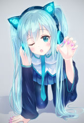 Rule 34 | 1girl, alc (ex2 lv), all fours, animal ear headphones, animal ears, aqua eyes, aqua hair, axent wear, bad id, bad pixiv id, breasts, cat ear headphones, cat ears, detached sleeves, fake animal ears, fake nails, fang, fingernails, grey background, hatsune miku, headphones, highres, long hair, medium breasts, nail polish, necktie, one eye closed, open mouth, pantyhose, paw pose, pink nails, pleated skirt, simple background, skirt, solo, twintails, vocaloid