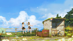 Rule 34 | 2girls, absurdres, black hair, black skirt, blue sky, bottle, bus stop, chair, chinese commentary, cloud, commentary request, couch, day, highres, hua ming wink, long hair, multiple girls, original, outdoors, pointy ears, ponytail, railing, rust, scenery, school uniform, shirt, sitting, skirt, sky, water bottle, white shirt