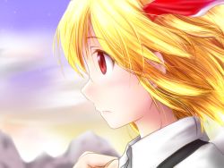 Rule 34 | 1girl, blonde hair, cloud, hair ribbon, looking away, mountain, profile, red eyes, red star (toranecomet), ribbon, rumia, short hair, solo, star (sky), sunset, touhou, upper body, wind