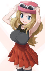 Rule 34 | 1girl, :d, armpits, arms up, black shirt, black thighhighs, blue eyes, blush, bracelet, breasts, collared shirt, creatures (company), eyelashes, eyewear on headwear, game freak, grey-framed eyewear, hat, highres, jewelry, light blush, light brown hair, long hair, looking at viewer, medium breasts, nanina (nijnan), nintendo, open mouth, pleated skirt, pokemon, pokemon xy, red skirt, serena (pokemon), shirt, simple background, skirt, sleeveless, sleeveless shirt, smile, solo, sunglasses, thighhighs, tongue, white background