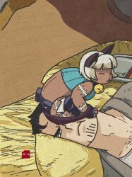 Rule 34 | 1boy, 1girl, bed, belt pouch, beowulf (skullgirls), black hair, cat, closed eyes, collar, facial hair, fingerless gloves, gloves, indoors, minawa108, ms. fortune (skullgirls), neck bell, photo-referenced, pillow, pouch, robe, scar, short hair, sitting, sitting on person, skullgirls, stubble, the hurting