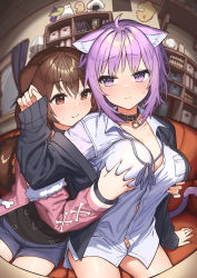 Rule 34 | 2girls, absurdres, ahoge, animal ear fluff, animal ears, black collar, black jacket, black shirt, blue shorts, blush, bookshelf, breasts, brown eyes, brown hair, cat ears, cat girl, cat tail, closed mouth, collar, collared shirt, commentary request, couch, dog ears, dog girl, dog tail, dress shirt, grabbing, grabbing another&#039;s breast, hair between eyes, hairband, heart, heart-shaped pupils, highres, hololive, indoors, inugami korone, inugami korone (loungewear), jacket, large breasts, listener (inugami korone), long sleeves, looking at another, multiple girls, nekomata okayu, nekomata okayu (oversized shirt), no panties, official alternate costume, on couch, onigirya (nekomata okayu), open clothes, open jacket, partially unbuttoned, pink jacket, purple eyes, purple hair, shirokuma 1231, shirt, short hair, short shorts, shorts, sweatdrop, symbol-shaped pupils, tail, virtual youtuber, white shirt, yuri