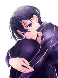 Rule 34 | 1boy, black hair, closed mouth, commentary request, feet out of frame, hair between eyes, highres, hugging own legs, jacket, kirito, knees up, long sleeves, looking at viewer, male focus, pants, purple eyes, purple jacket, purple pants, simple background, sitting, smile, solo, sword art online, tsukimori usako, white background