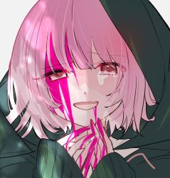 Rule 34 | 1girl, anon 0037, bleeding, blood, blood on face, blunt bangs, commentary request, crying, crying with eyes open, danganronpa (series), danganronpa 2: goodbye despair, flipped hair, green jacket, highres, hood, hooded jacket, jacket, long sleeves, nanami chiaki, pink blood, pink eyes, pink hair, portrait, sad smile, short hair, simple background, smile, solo, spoilers, swept bangs, tearing up, tears, white background
