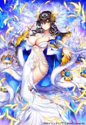 Rule 34 | 1girl, age of ishtaria, bell, black hair, blue eyes, blue nails, blush, book, bow, breasts, cape, cleavage, copyright name, copyright notice, detached sleeves, dress, falling feathers, feathers, frau holle (age of ishtaria), hair ornament, heterochromia, highres, holding, holding bell, large breasts, long hair, looking at viewer, munlu (wolupus), nail polish, parted lips, smile, solo, star (symbol), star hair ornament, tree, white cape, white dress, yellow bow, yellow eyes