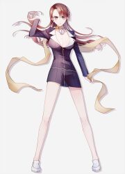 Rule 34 | 1girl, ace attorney, arm up, asymmetrical bangs, black dress, breasts, brown eyes, brown hair, cleavage, dress, earrings, eyes visible through hair, full body, hand up, highres, holding, holding clothes, holding scarf, jewelry, lapel pin, lapels, legs apart, long hair, long sleeves, looking at viewer, magatama, magatama necklace, mia fey, mole, mole under mouth, necklace, pearl earrings, sano (merrymerry), scarf, shoes, short dress, simple background, solo, standing, v-shaped eyebrows, very long hair, white background, white footwear, yellow scarf, zipper pull tab