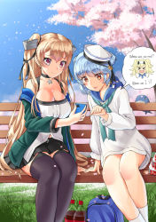 Rule 34 | &gt; &lt;, 1other, 2girls, backpack, bad id, bad twitter id, bag, bench, black legwear, black skirt, blonde hair, blue hair, blue neckerchief, blue sailor collar, blush, breasts, brown eyes, cellphone, cherry blossoms, cleavage, closed mouth, coca-cola, cola, day, dixie cup hat, double bun, english text, gambier bay (kancolle), green jacket, hair between eyes, hair bun, hat, holding, holding phone, jacket, johnston (kancolle), kantai collection, large breasts, light brown hair, little blue whale (kancolle), long hair, long sleeves, mayura (lucadia), military hat, multiple girls, neckerchief, open mouth, petals, phone, pleated skirt, sailor collar, samuel b. roberts (kancolle), school uniform, serafuku, short hair, sitting, skirt, smartphone, smile, thighhighs, twintails, two side up, white headwear