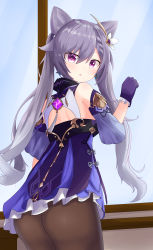Rule 34 | 1girl, absurdres, artist request, ass, bare shoulders, blush, collared shirt, dress, electro (genshin impact), from behind, genshin impact, gloves, hair ornament, highres, keqing (genshin impact), long hair, looking at viewer, looking back, open mouth, pantyhose, purple eyes, purple hair, shiny skin, shirt, short dress, skirt, solo, twintails, very long hair, vision (genshin impact), window