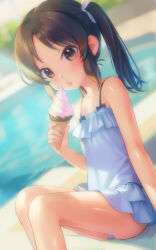 Rule 34 | 1girl, arm support, ass, blush, brown eyes, brown hair, collarbone, commentary, day, flat chest, frilled one-piece swimsuit, frills, hair ribbon, hand up, holding, holding ice cream cone, ice cream cone, idolmaster, idolmaster cinderella girls, kawaseki, legs, long hair, looking at viewer, one-piece swimsuit, outdoors, pool, poolside, ribbon, sidelocks, sitting, solo, sunlight, swimsuit, tachibana arisu, thighs, tongue, tongue out, twintails, white one-piece swimsuit