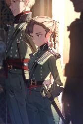 Rule 34 | 1girl, 2boys, absurdres, arms behind back, blonde hair, blurry, blurry background, braid, brown eyes, brown hair, closed mouth, commentary, depth of field, green jacket, green pants, highres, jacket, long sleeves, military, military uniform, multiple boys, original, pants, parted lips, seuhyo99, sheath, sheathed, silhouette, single braid, solo focus, sword, symbol-only commentary, uniform, weapon, weapon request