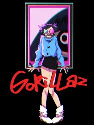 Rule 34 | 1girl, aged up, black hair, black skirt, boots, chromatic aberration, copyright name, fur jacket, gorillaz, hair ornament, hairclip, highres, itajou pajamako, jacket, long sleeves, looking at viewer, miniskirt, mirror, monster, noodle (gorillaz), open mouth, parted bangs, scared, short twintails, skirt, solo, sunglasses, teeth, trembling, twintails, white footwear