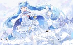 Rule 34 | 1girl, aqua eyes, aqua hair, arm up, asahi kuroi, bird, blush, breasts, cape, dress, earrings, elbow gloves, eyebrows, feathers, gloves, goose, hatsune miku, highres, holding, jewelry, long hair, looking at viewer, open mouth, pantyhose, petticoat, rabbit, revision, signature, sleeveless, sleeveless dress, snow, snowing, solo, twintails, very long hair, vocaloid, wand, white cape, white dress, white gloves, white pantyhose, yuki miku, yuki miku (2018) (applicant), yukine (vocaloid)