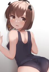 Rule 34 | 1girl, ass, black one-piece swimsuit, breasts, brown eyes, brown hair, commentary request, commission, from behind, headset, highres, kantai collection, leaning forward, looking at viewer, looking back, one-piece swimsuit, school swimsuit, shirasumato, short hair, skeb commission, small breasts, solo, speaking tube headset, swimsuit, white background, yukikaze (kancolle)