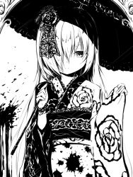 Rule 34 | 1girl, closed mouth, eyebrows hidden by hair, floral print, flower, greyscale, hair flower, hair ornament, hair over one eye, high contrast, highres, holding, holding umbrella, japanese clothes, kimono, long sleeves, looking at viewer, monochrome, obi, original, pinching sleeves, print kimono, rose print, sash, sleeves past wrists, solo, umbrella, upper body, white background, wide sleeves, yuku (kiollion)
