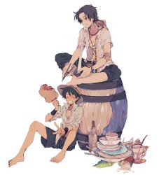 Rule 34 | 2boys, bad id, bad pixiv id, barefoot, barrel, beads, black hair, bowl, brothers, chopsticks, closed eyes, eating, feet, food, freckles, grin, hat, highres, male focus, meat, monkey d. luffy, multiple boys, one piece, plate, portgas d. ace, prayer beads, ren (zero second), scar, shorts, siblings, smile, stampede string, straw hat, transparent background