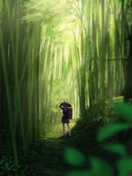 Rule 34 | 1girl, animal ears, backpack, bag, bamboo, bamboo forest, black jacket, blazer, commentary request, day, forest, full body, grass, hat, jacket, long hair, medicine box, nature, one-hour drawing challenge, outdoors, purple hair, purple skirt, rabbit ears, reisen udongein inaba, rice hat, scenery, shirt, skirt, solo, standing, suzu (susan slr97), thighhighs, touhou, white shirt, white thighhighs, wide shot