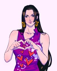Rule 34 | 1girl, black hair, boa hancock, commentary, dress, earrings, ellie mehl, english commentary, heart, heart hands, highres, hime cut, jewelry, one piece, pink lips, purple dress, simple background, smile, snake earrings, solo, upper body