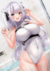 Rule 34 | 1girl, absurdres, azur lane, bath, bathroom, bathtub, bouhuuu, breasts, claw pose, dripping, elbe (azur lane), hair ribbon, highres, large breasts, legs together, leotard, nail polish, open mouth, purple eyes, ribbon, skin tight, skindentation, solo, steam, thick thighs, thighs, twintails, wet, white hair, white leotard